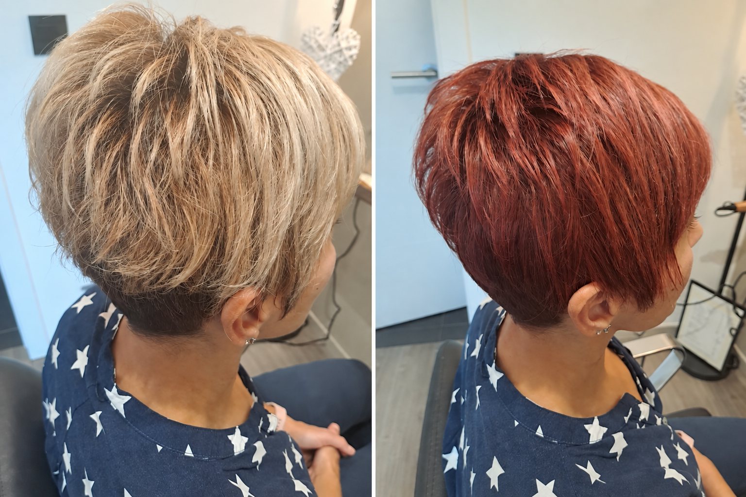 Voor en na van een doffe, ongelijkmatige kleur naar een glanzende warme kastanjebruine haarkleur